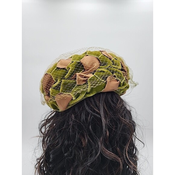 VTG Hat Union Made Olive & Brown Velvet & Satin Shell Hat with Veil Netting